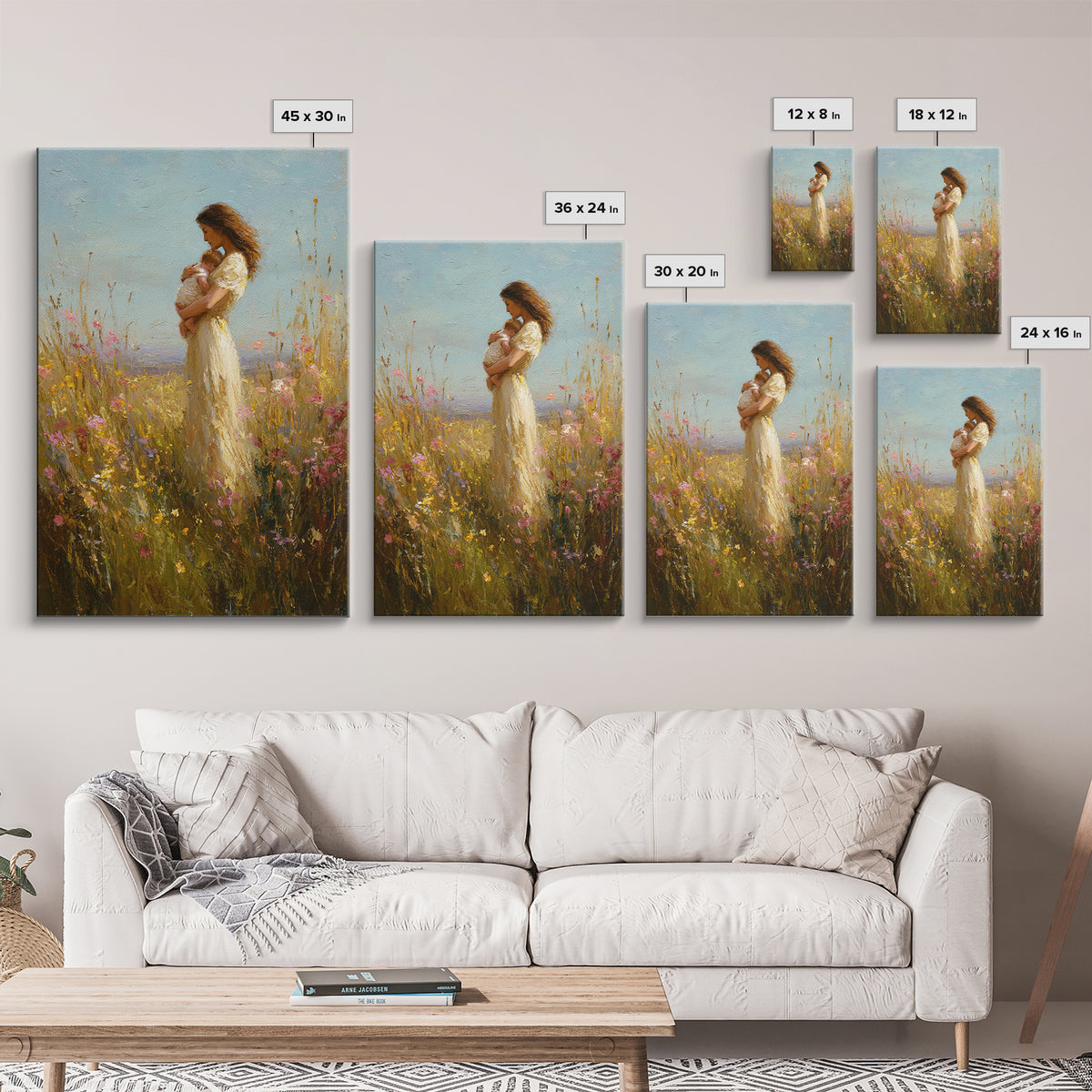 Mother Holding Baby In Wildflower Meadow Wall Art, Impressionist Oil Painting, Feminine Nursery Decor, Gift For Mom, Home Decor