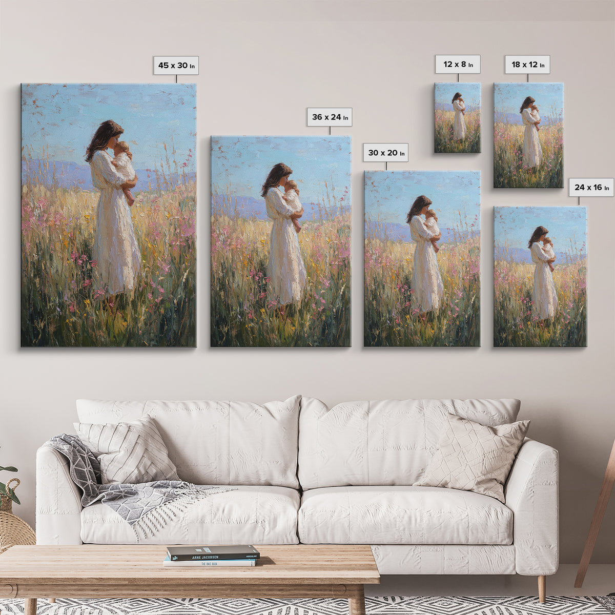 Mother And Baby In Sunlit Wildflower Field Framed Canvas Print, Impressionist Painting, Nursery Wall Art, Gift For Mom, Decor