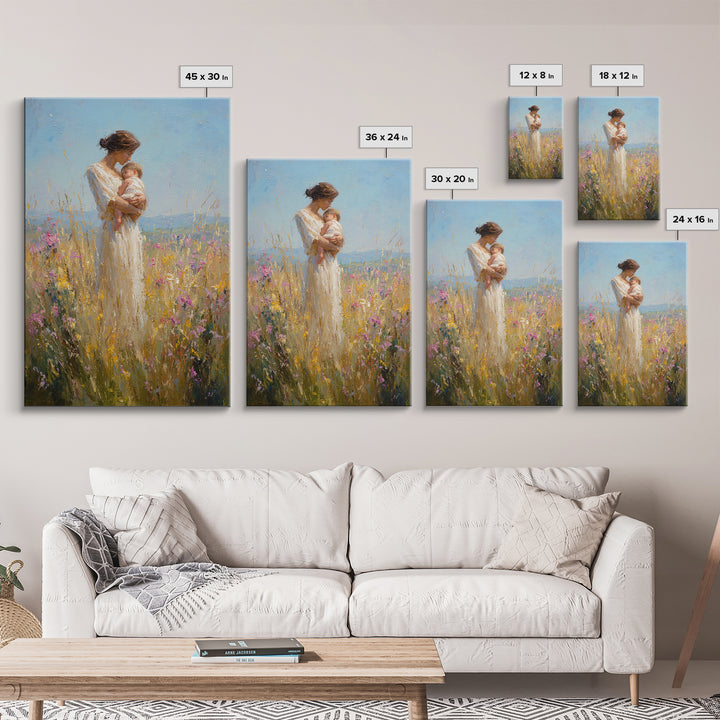 Mother Cradling Baby In Golden Wildflower Meadow Canvas Print, Impressionist Oil Painting, Feminine Wall Art, Gift For Mom