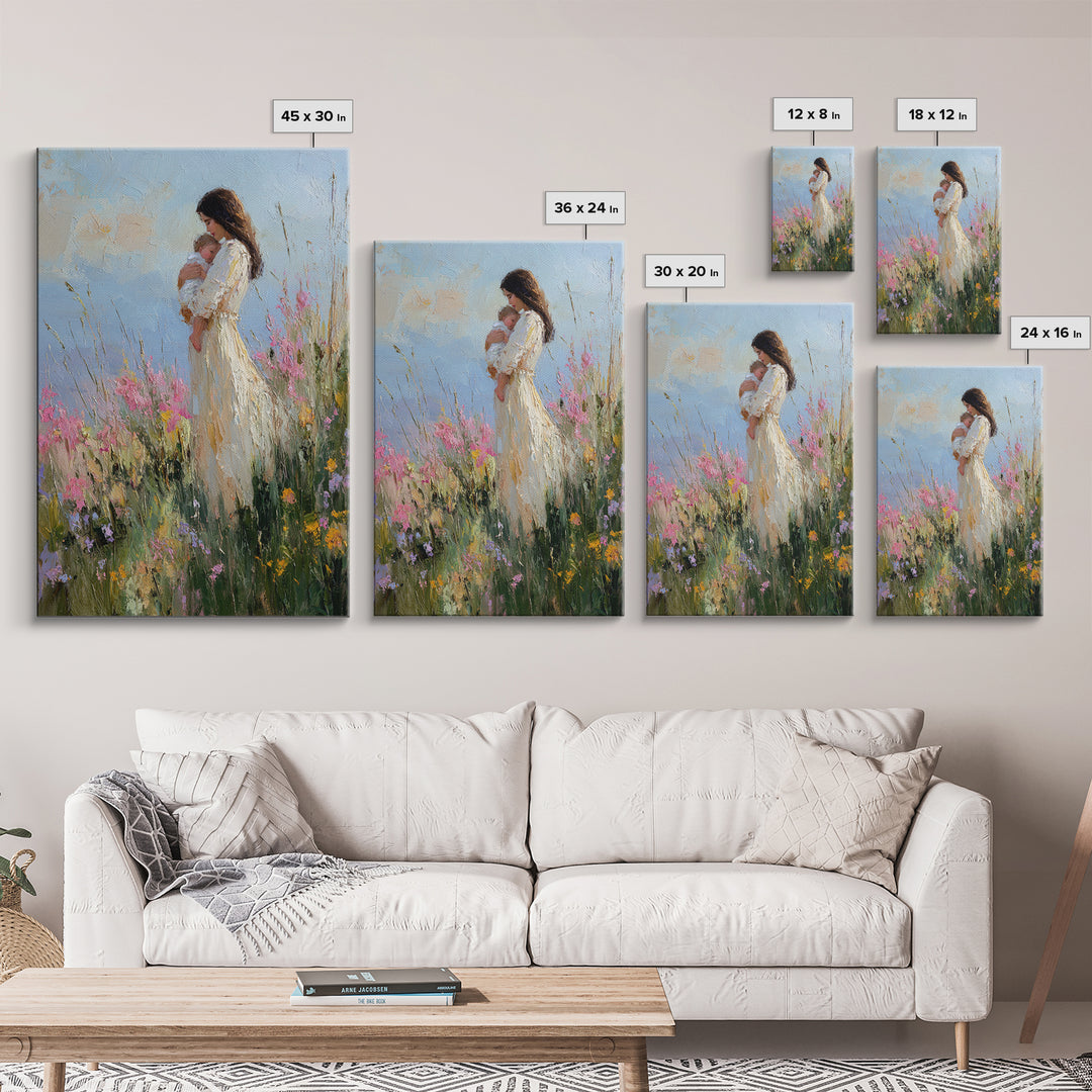 Mother And Newborn In Pink Wildflower Garden Wall Art, Impressionist Oil Painting, Feminine Nursery Decor, Gift For Mom, Home Decor