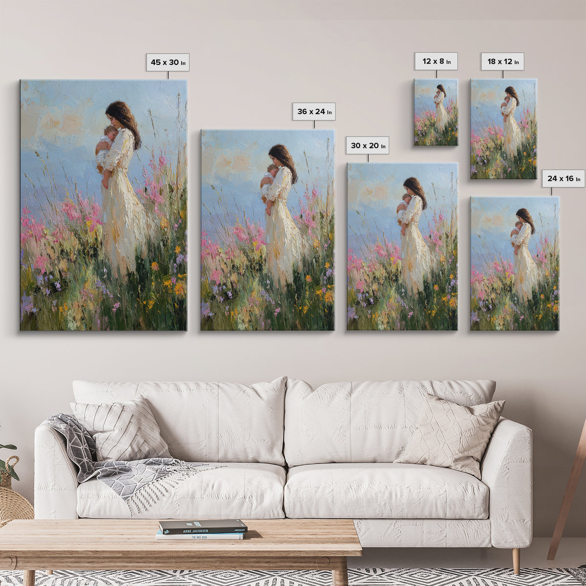 Mother And Newborn In Pink Wildflower Garden Wall Art, Impressionist Oil Painting, Feminine Nursery Decor, Gift For Mom, Home Decor