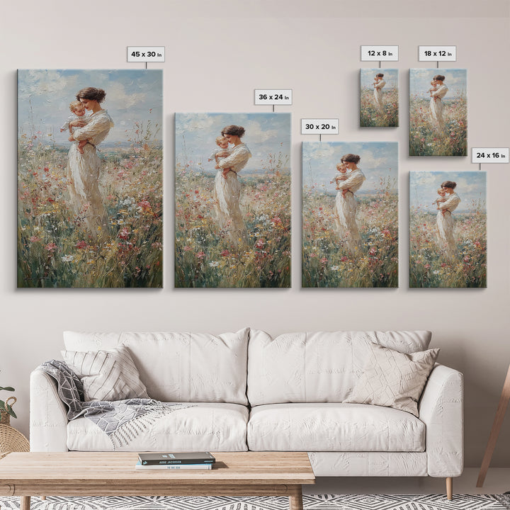 Mother And Baby Among Daisies And Wildflowers Framed Canvas Print, Impressionist Painting, Nursery Wall Art, Gift For Mom