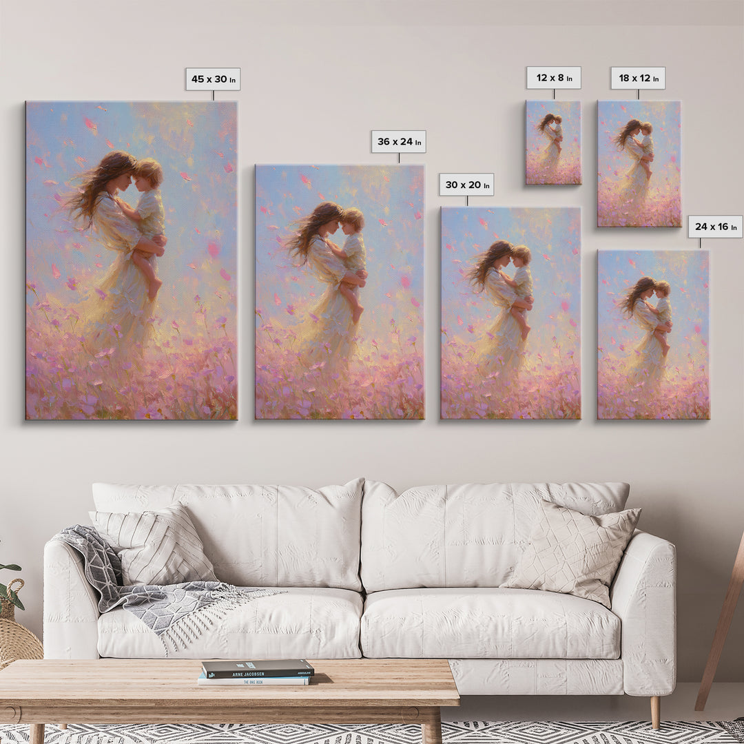 Mother Holding Child In Pink Petal Meadow Framed Canvas Print, Dreamy Impressionist Painting, Feminine Wall Art, Gift For Mom