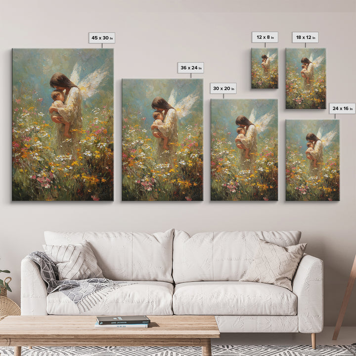 Angel Mother Holding Baby In Wildflower Meadow Framed Canvas Print, Guardian Angel Nursery Art, Spiritual Gift For Mom, Home Decor