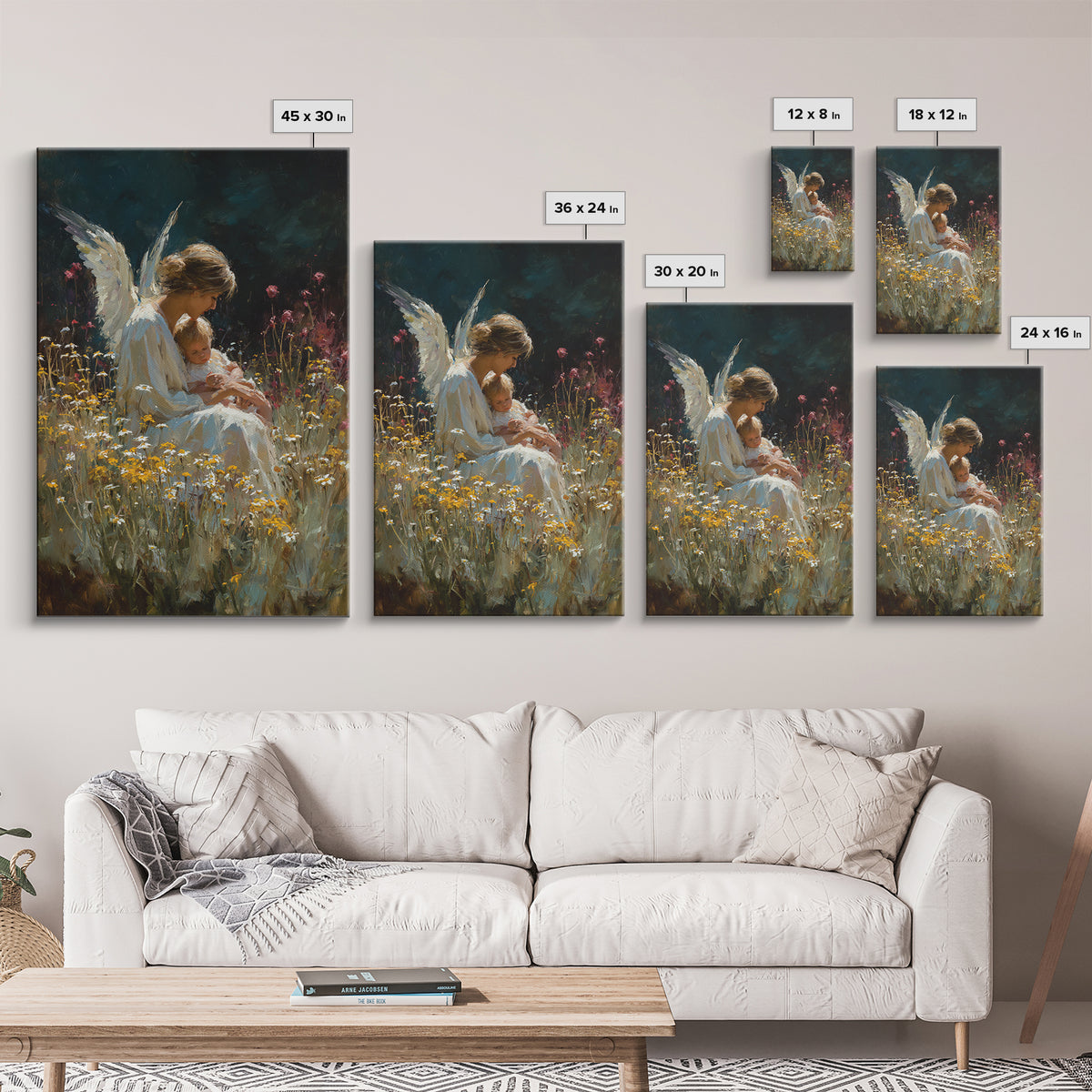 Seated Guardian Angel With Baby In Daisy Meadow Canvas Print, Spiritual Nursery Wall Art, Gift For Her, Moody Home Decor