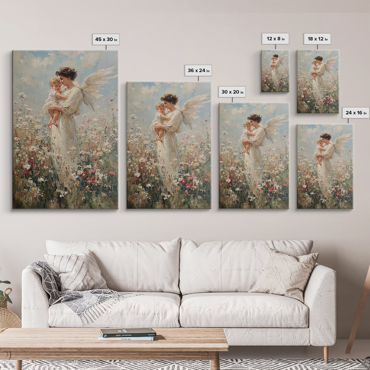 Standing Guardian Angel Holding Baby In Wildflower Field Canvas Print, Spiritual Wall Art, Nursery Decor, Gift For Mom, Home Decor