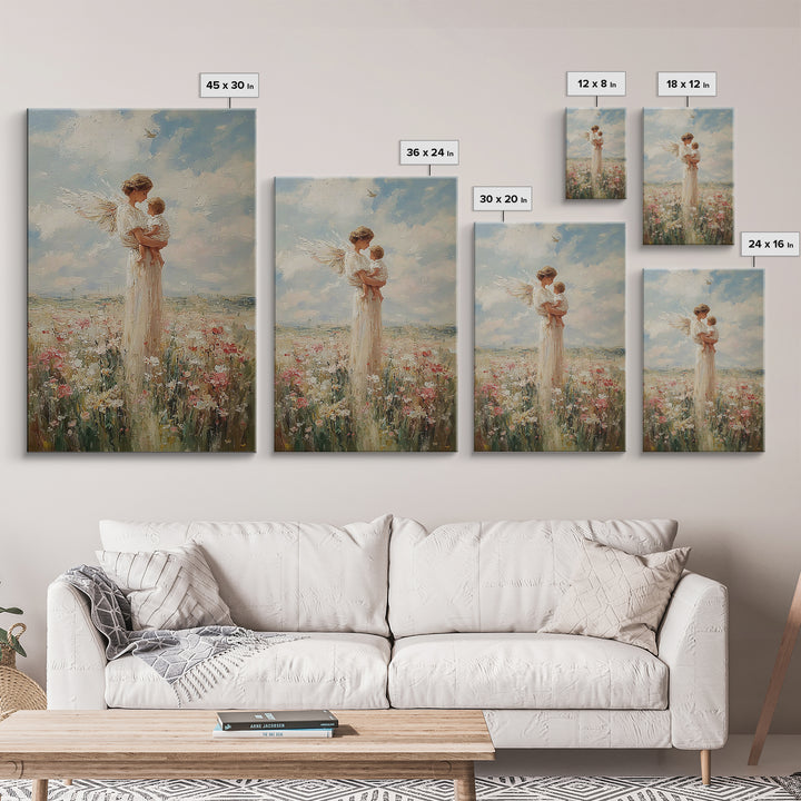 White Winged Angel Cradling Baby In Sunny Meadow Wall Art, Christian Nursery Decor, Spiritual Gift For Mom, Fine Art Print