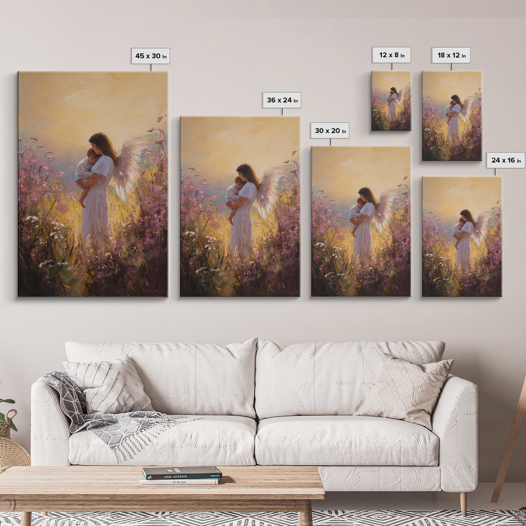 Sunset Angel Mother Holding Baby Among Purple Wildflowers Canvas Print, Spiritual Wall Art, Gift For Mom, Nursery Home Decor
