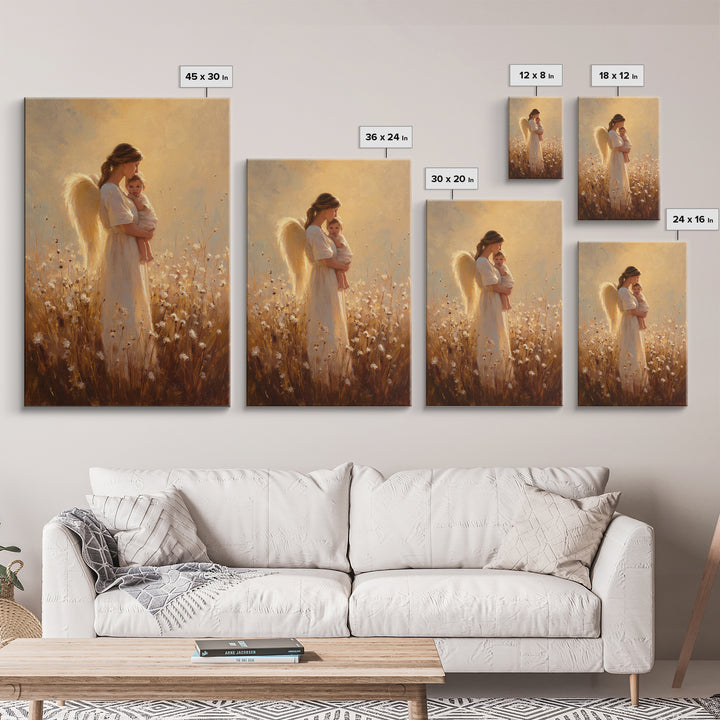 Golden Angel Mother And Baby In Cotton Meadow Framed Canvas Print, Warm Spiritual Wall Art, Nursery Home Decor, Gift For Mom