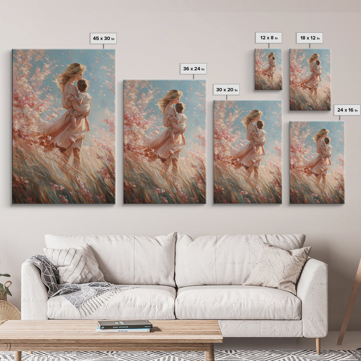 Windblown Angel Mother Carrying Baby Through Pink Blossoms Canvas Print, Feminine Spiritual Wall Art, Gift For Mom, Nursery Decor