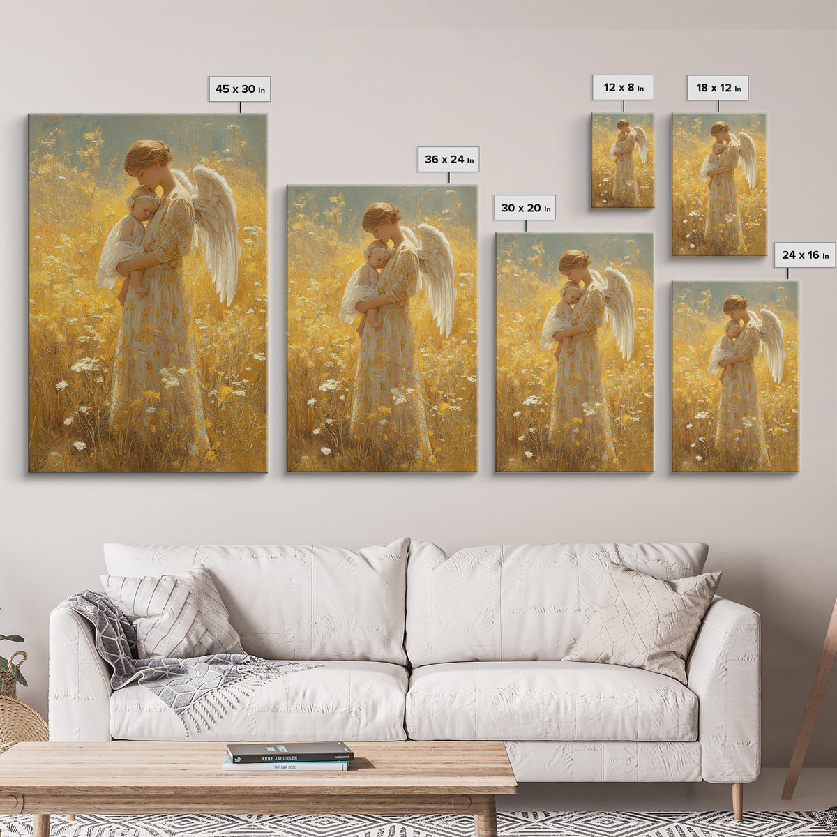 Golden Meadow Angel Holding Sleeping Baby Framed Canvas Print, Spiritual Nursery Wall Art, Gift For Mom, Christian Home Decor