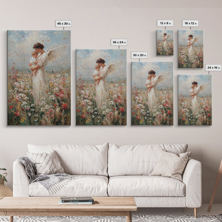 Guardian Angel Mother And Baby In Wildflower Meadow Wall Art, Spiritual Nursery Decor, Christian Gift, Fine Art Print, Home Decor