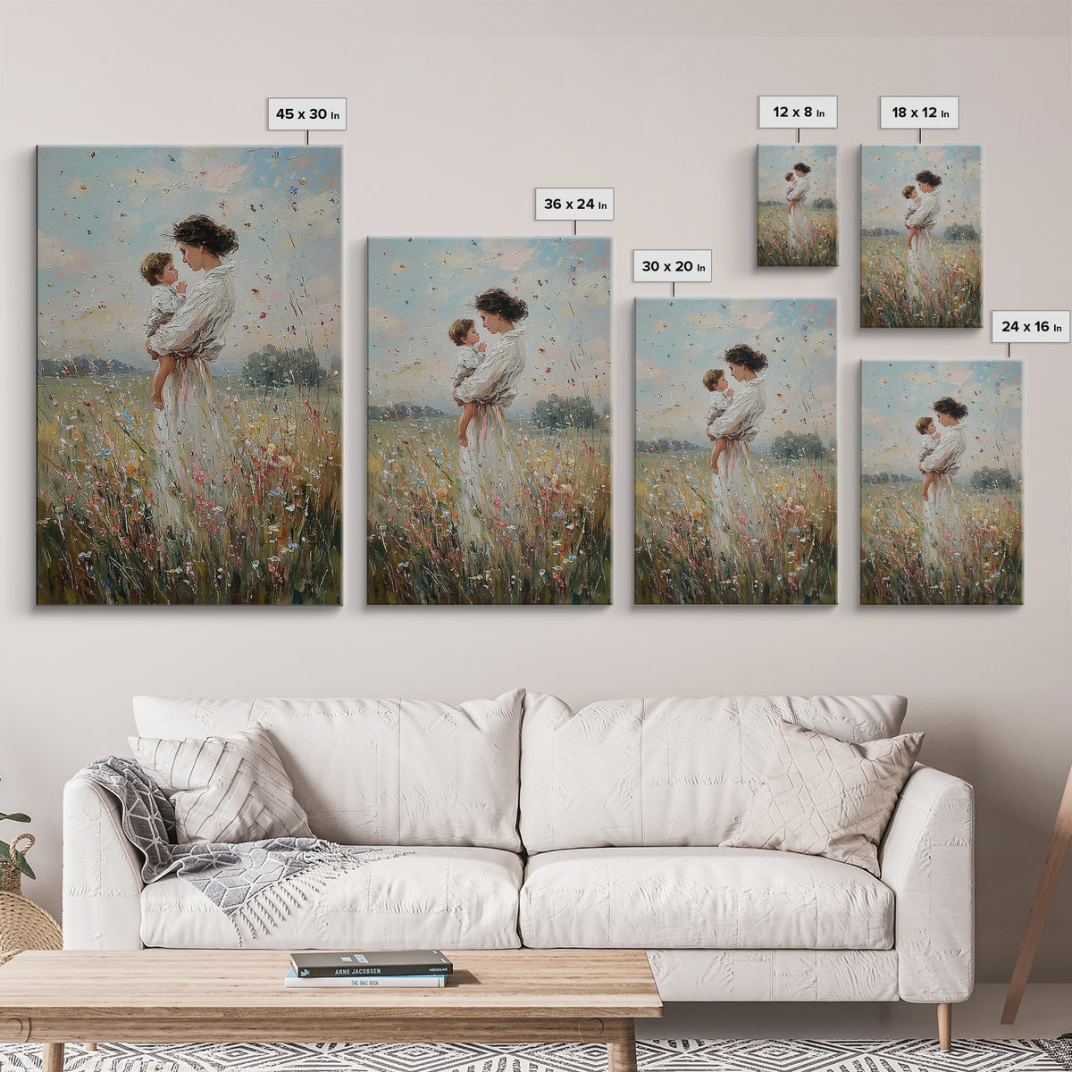 Mother And Baby In Windy Wildflower Meadow Canvas Print, Feminine Wall Art, Nursery Decor, Gift For Mom, Home Decor, Living Room Decor
