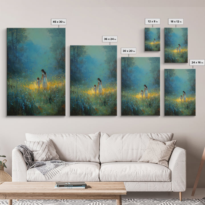 Mother And Child In Glowing Blue Forest Framed Canvas Print, Fantasy Wall Art, Nature Wall Art, Nursery Decor, Gift For Her