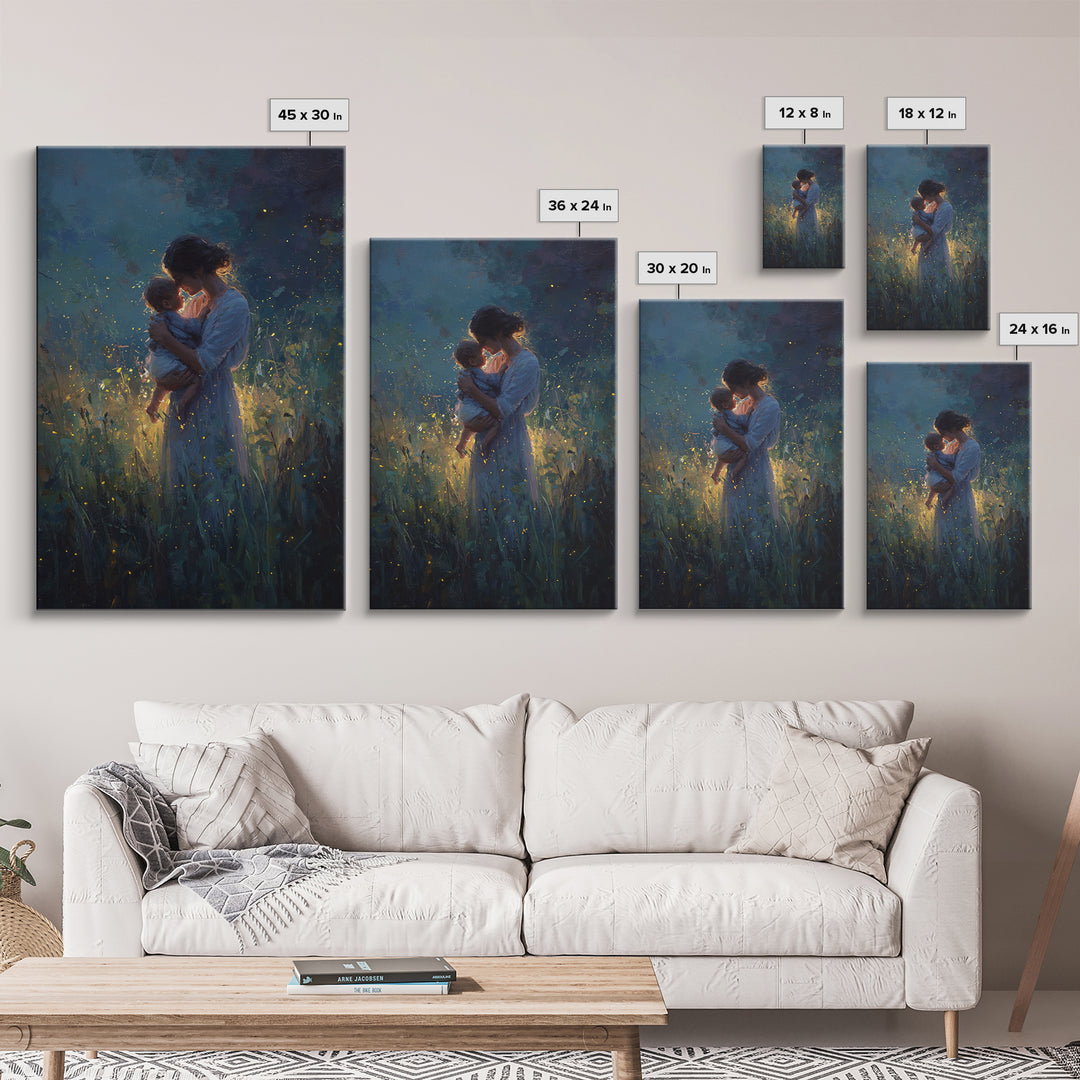 Mother And Baby With Golden Fireflies At Night Framed Canvas Print, Moody Wall Art, Spiritual Gift, Bedroom Wall Art, Nursery Decor