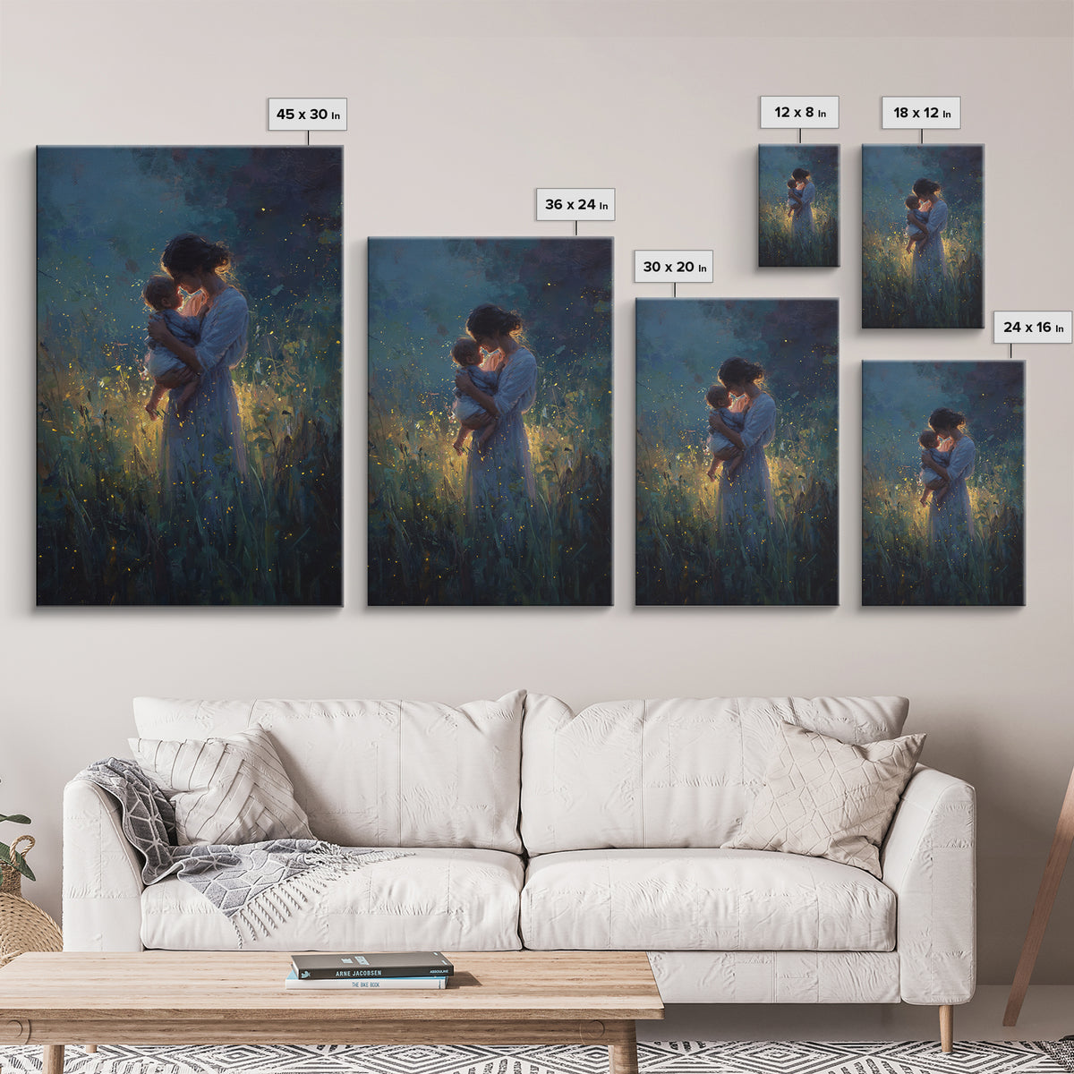 Mother And Baby With Golden Fireflies At Night Framed Canvas Print, Moody Wall Art, Spiritual Gift, Bedroom Wall Art, Nursery Decor
