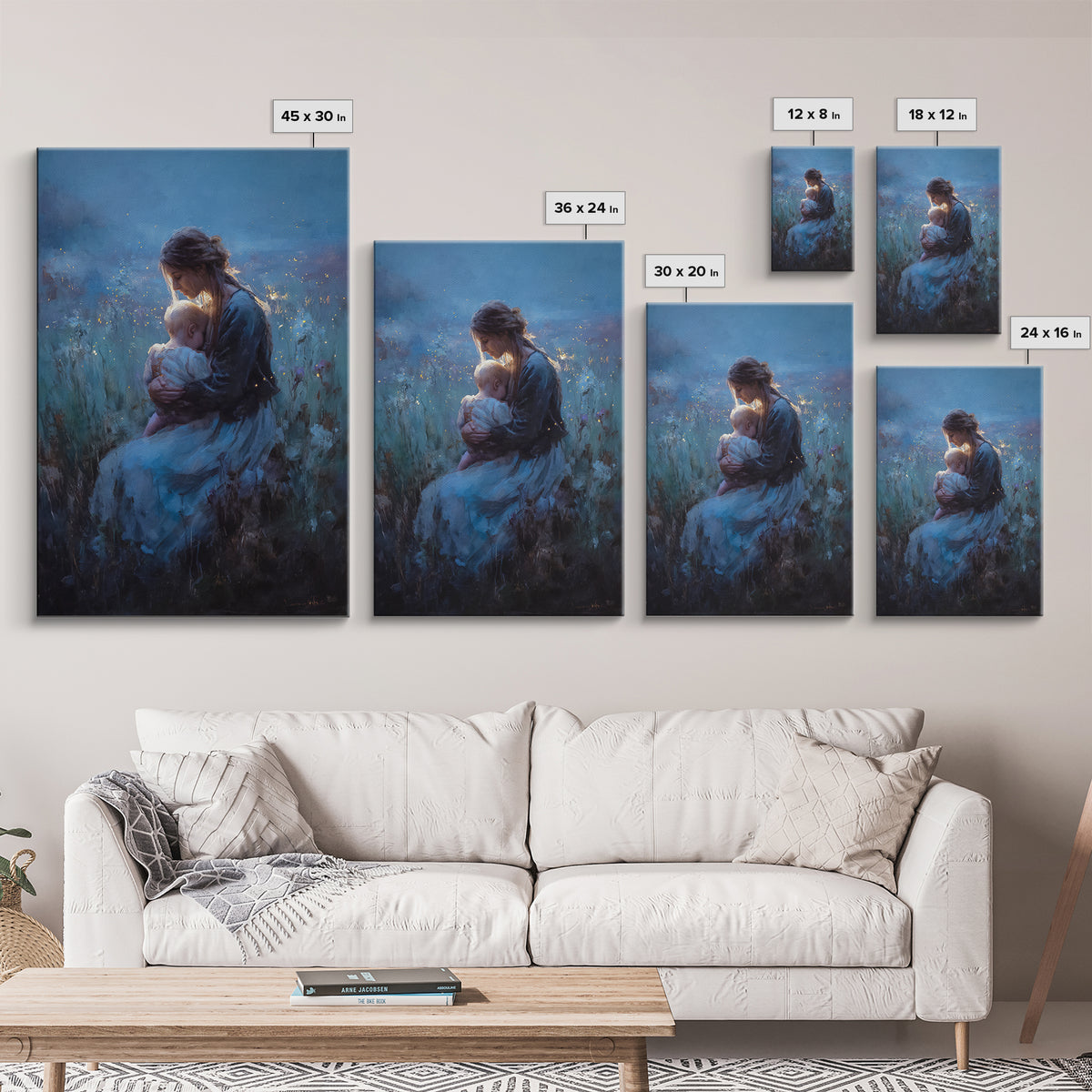 Seated Mother And Baby In Blue Twilight Meadow Wall Art, Moody Nursery Decor, Fine Art Print, Gift For Her, Home Decor, Living Room Decor