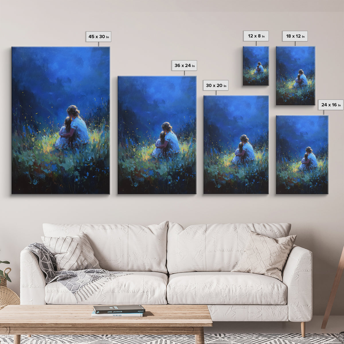 Mother And Child In Deep Blue Firefly Meadow Canvas Print, Moody Wall Art, Fantasy Decor, Nursery Wall Art, Gift For Her