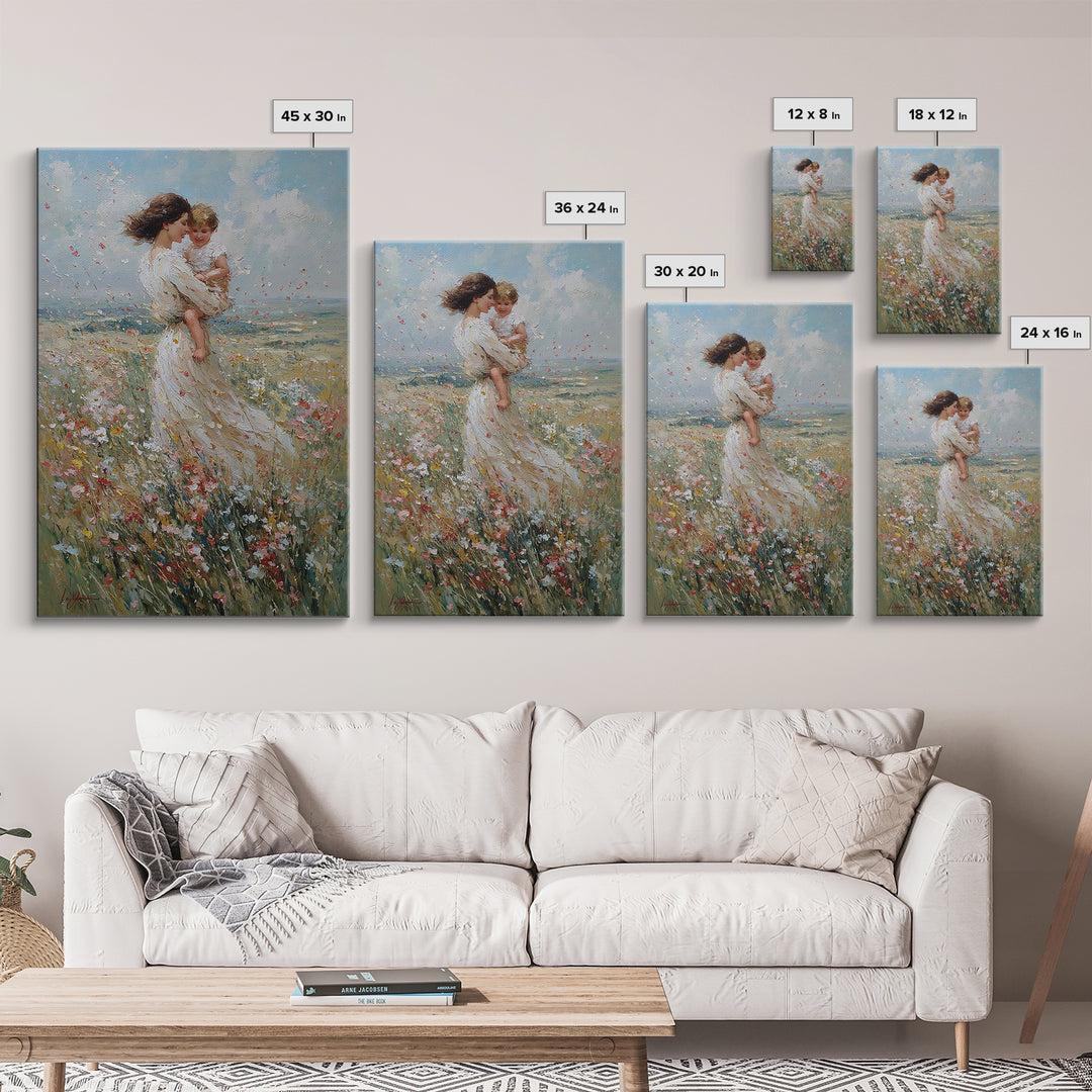 Windblown Mother And Baby In Flower Meadow Canvas Print, Feminine Wall Art, Nursery Decor, Fine Art Print, Gift For Mom, Home Decor