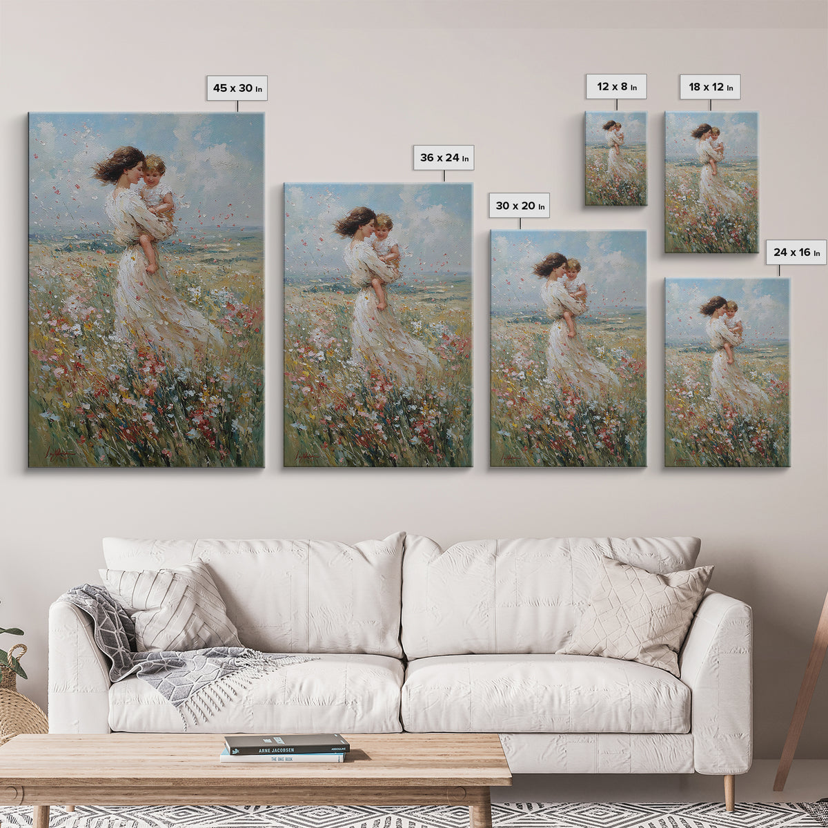 Windblown Mother And Baby In Flower Meadow Canvas Print, Feminine Wall Art, Nursery Decor, Fine Art Print, Gift For Mom, Home Decor