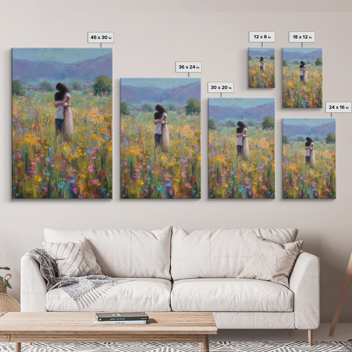 Mother And Child In Wildflower Meadow Wall Art, Impressionist Oil Painting Print, Floral Nursery Decor, Living Room Decor, Gift For Mom
