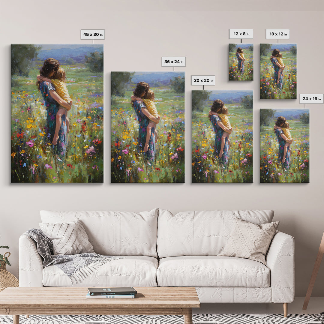 Mother Carrying Child Through Wildflower Meadow Canvas Print, Impressionist Floral Wall Decor, Nursery Art, Gift For Mom