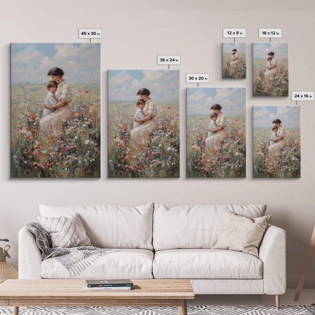 Seated Mother And Child In Coastal Wildflowers Canvas Print, Impressionist Floral Wall Art, Beach House Decor, Gift For Mom