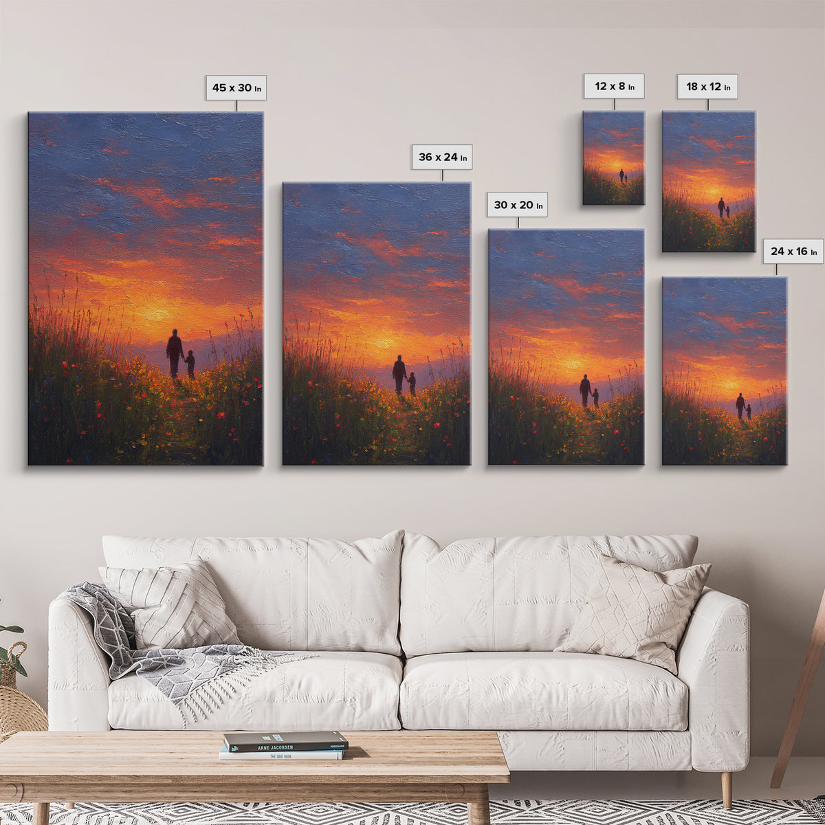 Father And Child Walking At Sunset Wall Art, Colorful Wildflower Meadow Canvas, Family Gift, Living Room Decor, Housewarming Gift