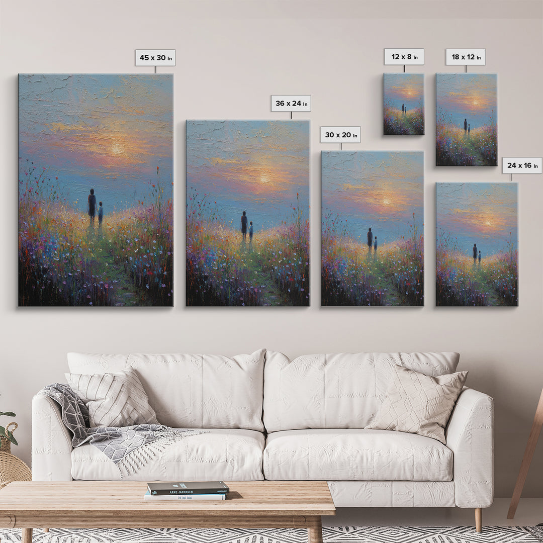 Parent And Child In Misty Wildflower Meadow Canvas Print, Textured Sunset Landscape Wall Art, Calming Living Room Decor Gift