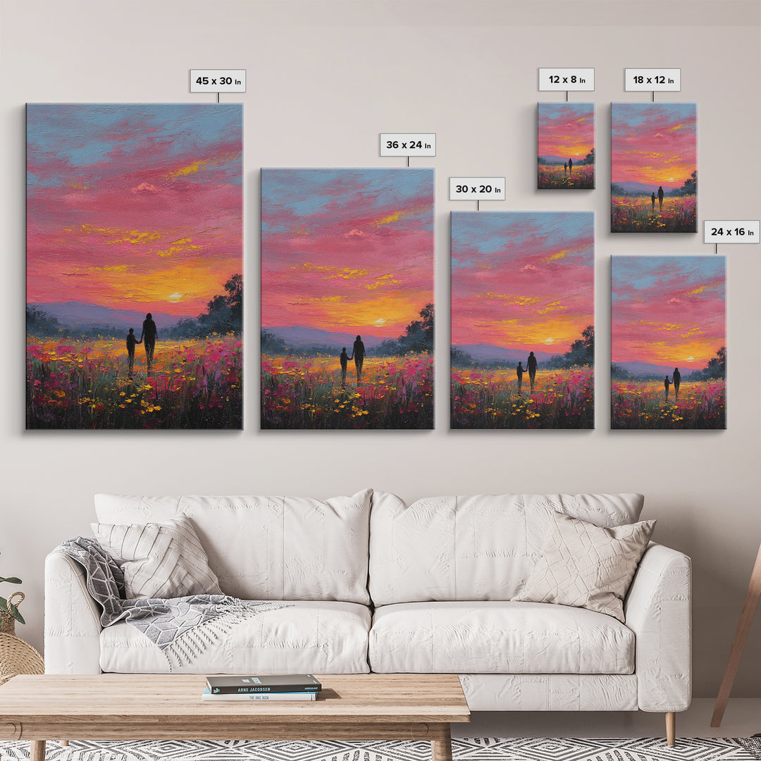 Father And Child Walking Through Pink Sunset Meadow Wall Art, Colorful Landscape Canvas Print, Family Gift, Bedroom Decor