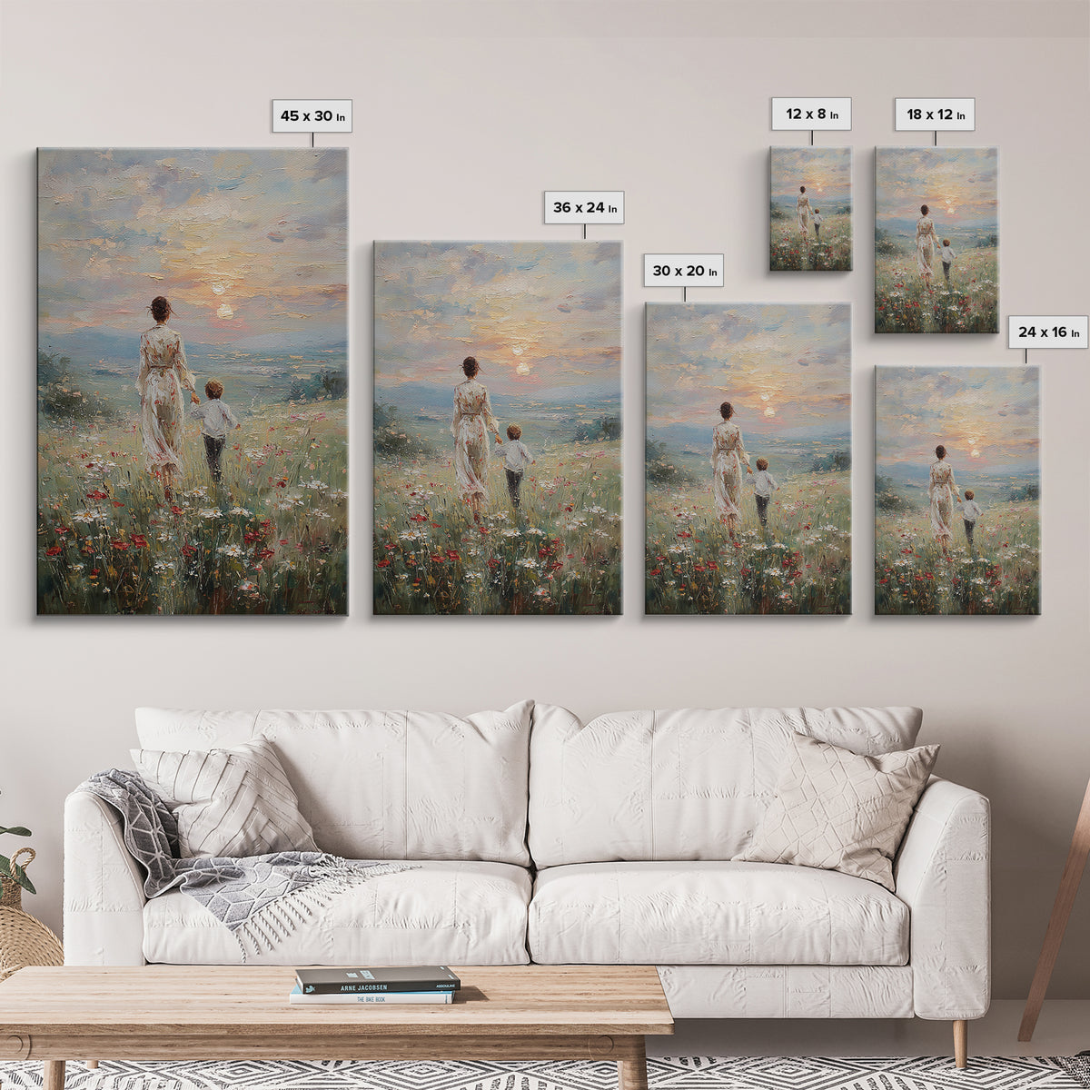 Mother And Son Walking In Wildflower Meadow Framed Canvas Print, Impressionist Sunset Wall Art, Family Gift, Warm Home Decor