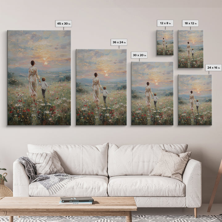 Mother And Son Walking In Wildflower Meadow Framed Canvas Print, Impressionist Sunset Wall Art, Family Gift, Warm Home Decor