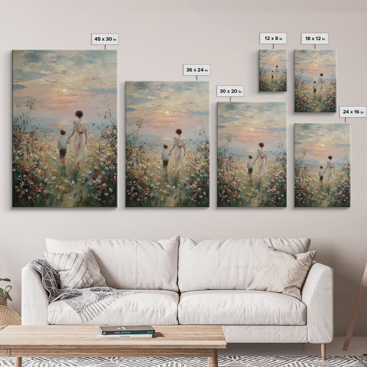 Mother And Child Sunset Seaside Wall Art, Wildflower Path Oil Painting, Coastal Decor, Gift For Mom, Living Room Art, Fine Art Print