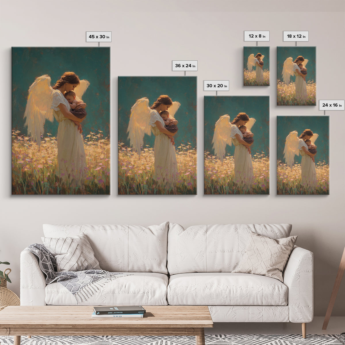Guardian Angel Holding Baby In Flower Meadow Framed Canvas Print, Spiritual Wall Art, Nursery Decor, Gift For Mom, Baby Shower Gift