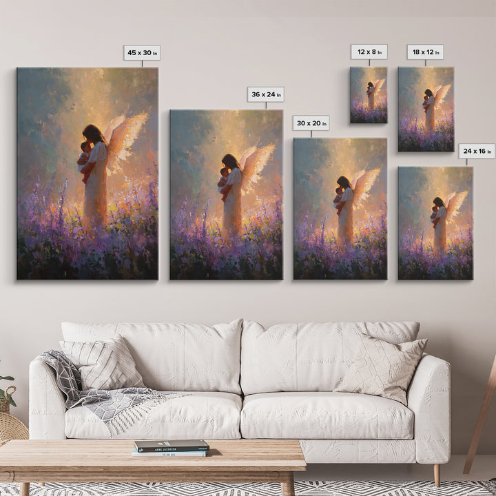 Glowing Guardian Angel With Baby In Lavender Field Canvas Print, Spiritual Wall Art, Christian Decor, Gift For Mom, Nursery Decor