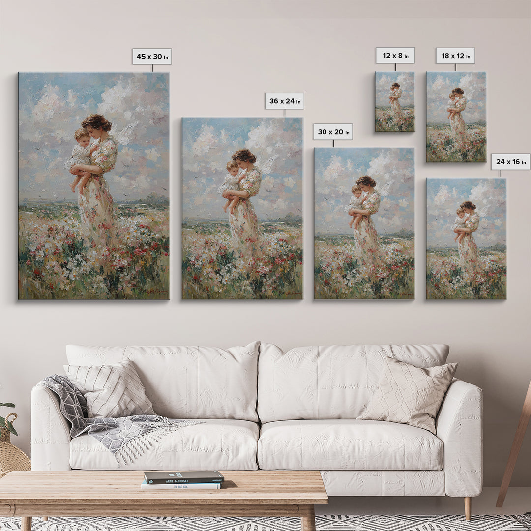 Mother Holding Baby In Daisy Meadow Wall Art, Impressionist Oil Painting, Nursery Decor, Gift For Mom, Fine Art Print, Living Room Decor