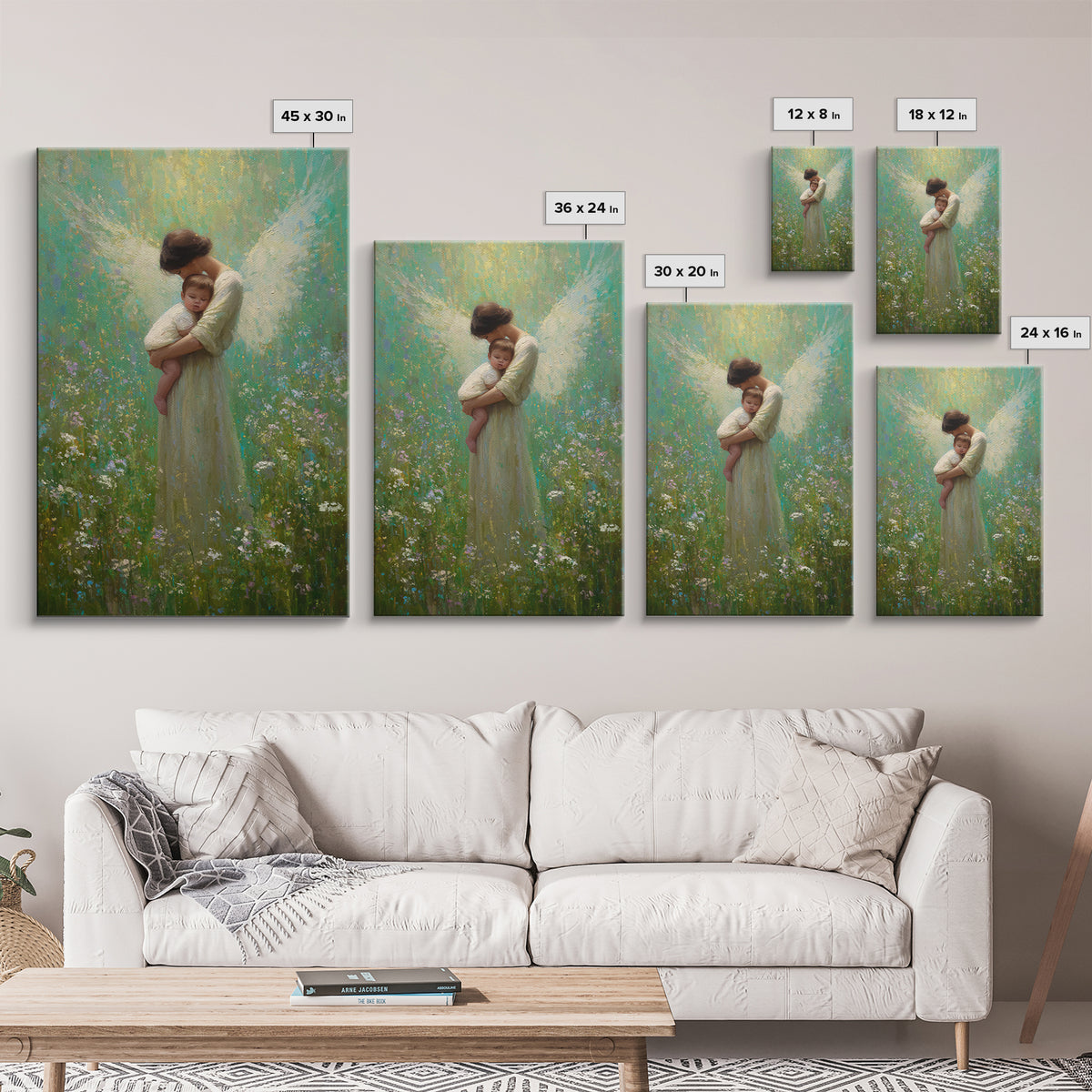 Soft Guardian Angel Holding Baby In Green Meadow Canvas Print, Spiritual Wall Art, Nursery Decor, Baby Shower Gift, Gift For Mom