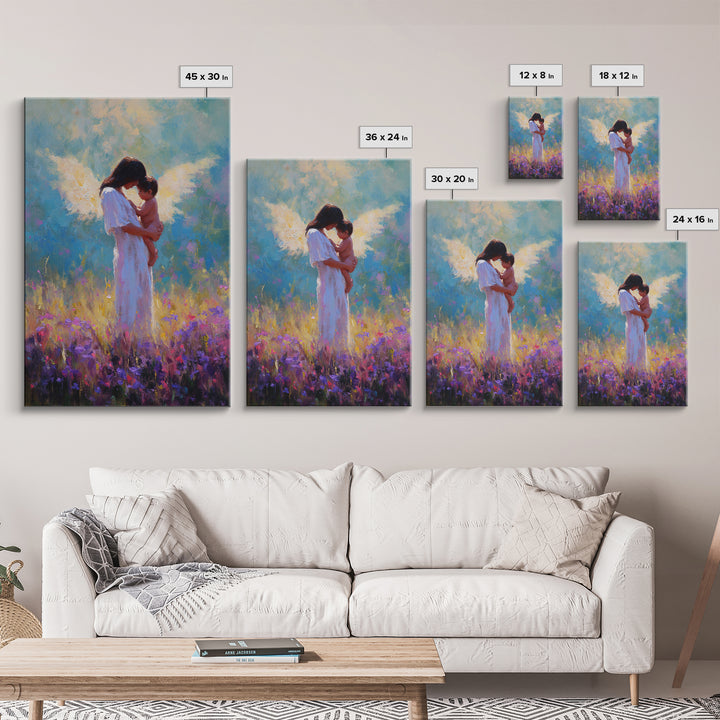 Angel Mother And Baby In Purple Wildflower Field Framed Canvas Print, Spiritual Wall Art, Nursery Decor, Gift For Mom, Baby Shower Gift