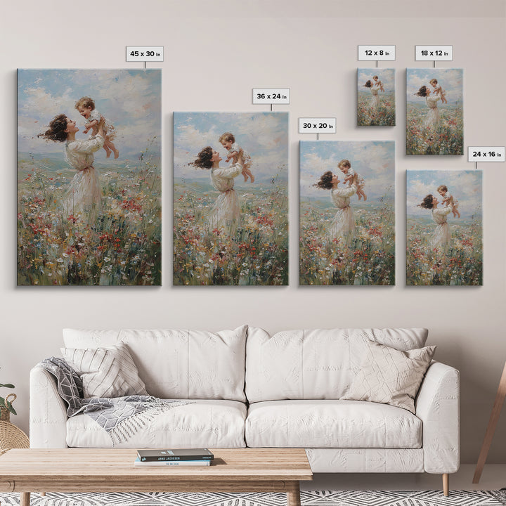 Joyful Mother Lifting Baby In Wildflower Meadow Wall Art, Impressionist Oil Painting, Nursery Decor, Gift For Mom, Living Room Art
