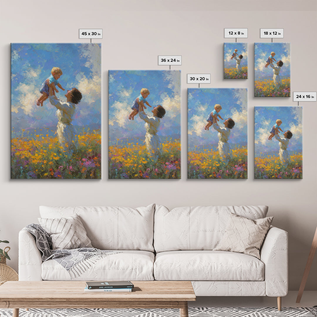 Mother Lifting Child Into Blue Sky Canvas Print, Joyful Wildflower Oil Painting, Nursery Decor, Gift For Mom, Living Room Decor