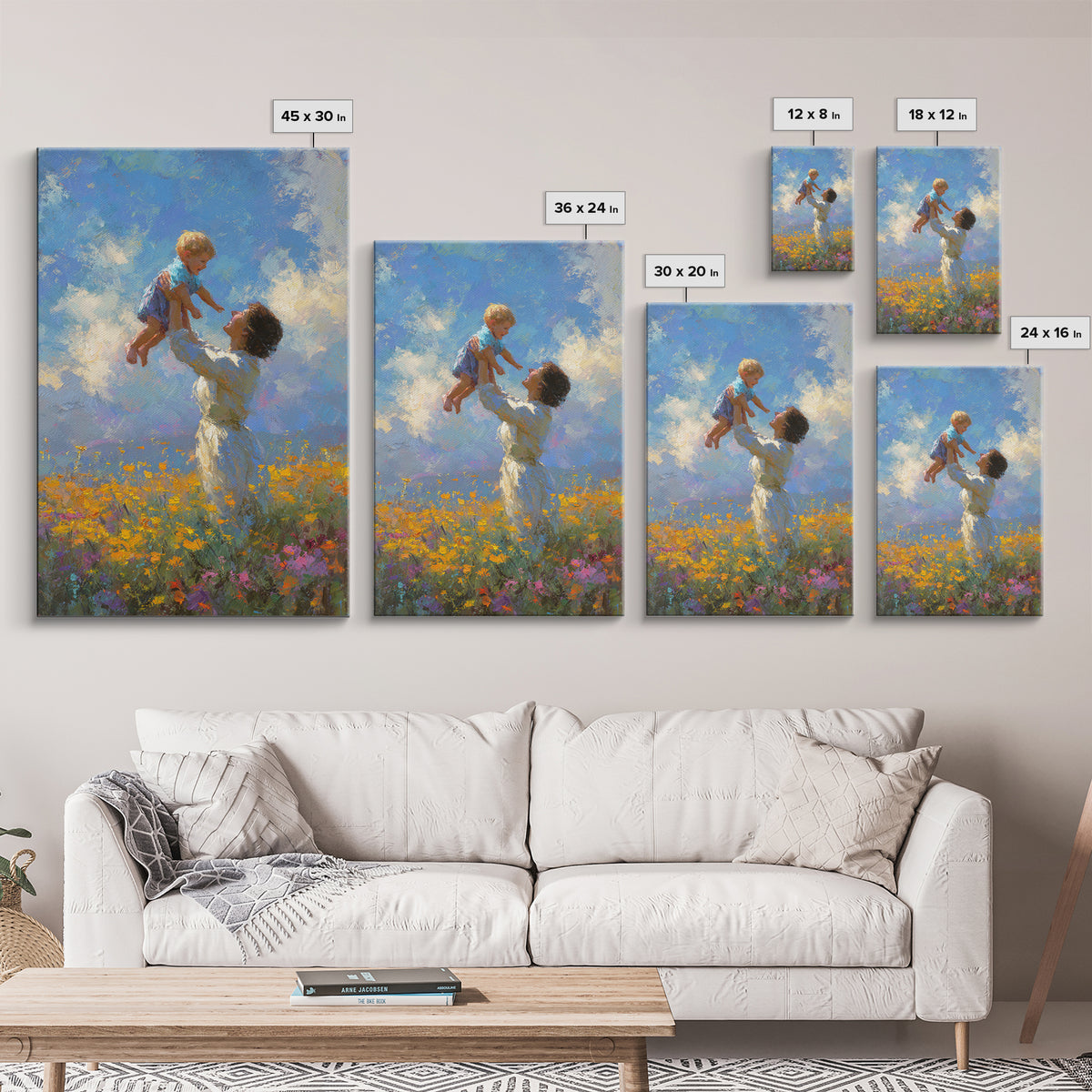 Mother Lifting Child Into Blue Sky Canvas Print, Joyful Wildflower Oil Painting, Nursery Decor, Gift For Mom, Living Room Decor