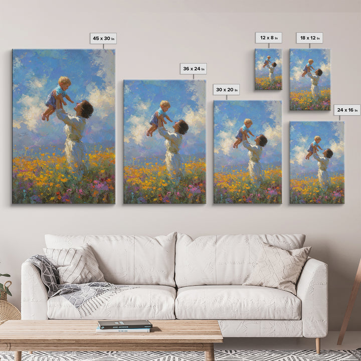 Mother Lifting Child Into Blue Sky Canvas Print, Joyful Wildflower Oil Painting, Nursery Decor, Gift For Mom, Living Room Decor