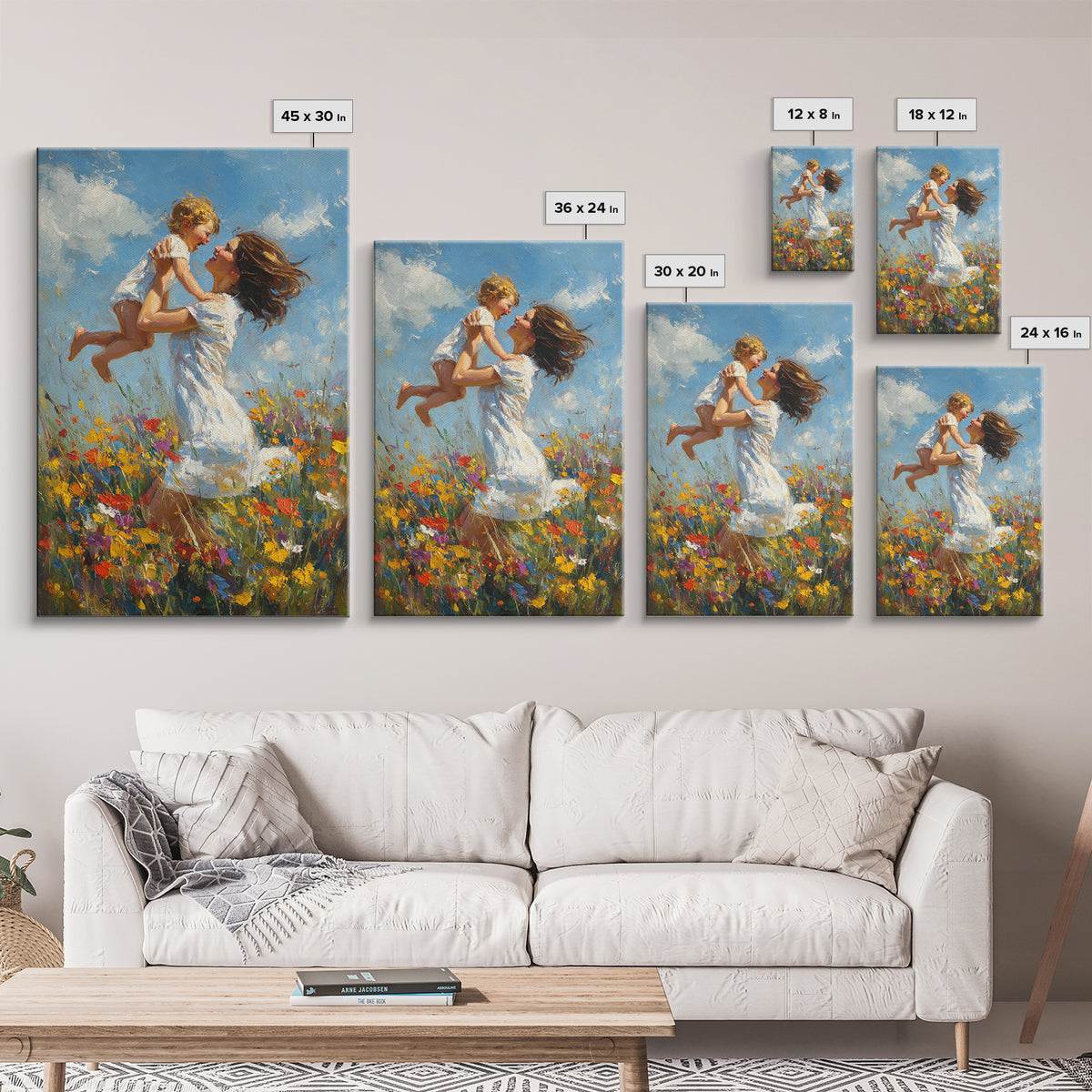 Mother And Child In Wildflower Meadow Wall Art, Impressionist Oil Painting Print, Nursery Decor, Gift For Mom, Feminine Home Decor