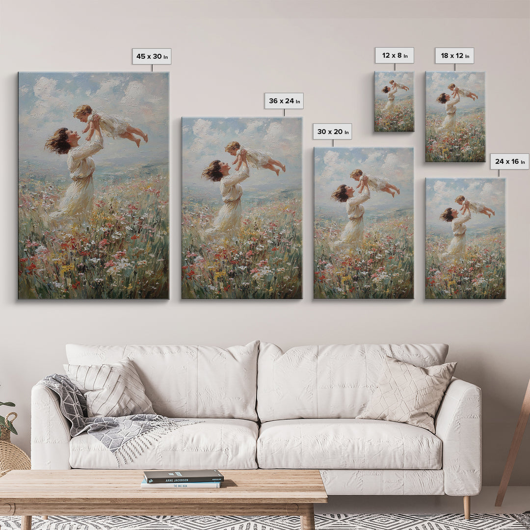 Mother Lifting Baby In Coastal Wildflowers Wall Art, Impressionist Oil Painting, Beach House Decor, Nursery Art, Gift For Her