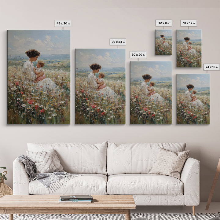Mother And Baby In Hillside Wildflowers Framed Canvas Print, Impressionist Landscape Wall Art, Nursery Decor, Gift For Her