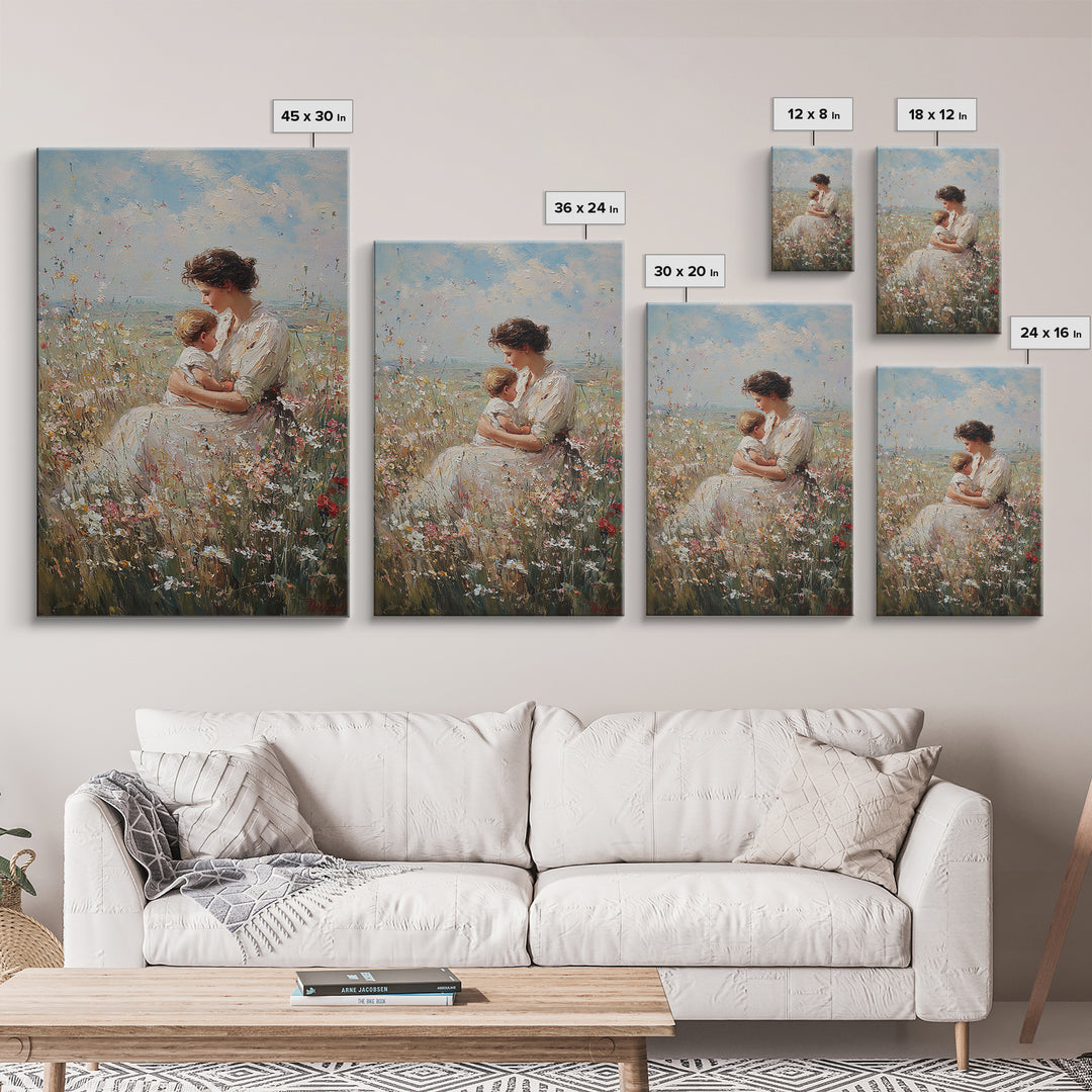 Nursing Mother And Baby In Wildflower Meadow Wall Art, Impressionist Oil Painting Print, Feminine Nursery Decor, Gift For Mom