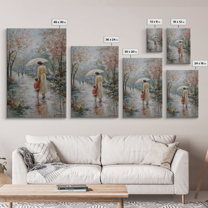 Mother And Child In Spring Rain Wall Art, Impressionist Umbrella Painting, Floral Path Canvas, Nursery And Living Room Decor
