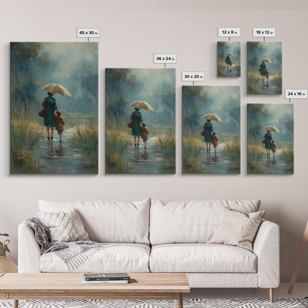 Mother And Child Rainy Pond Canvas Print, Moody Blue Impressionist Landscape Art, Umbrella Painting For Bedroom Decor, Home Decor