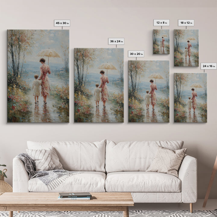 Mother And Child By Misty Lake Framed Canvas Print, Romantic Umbrella Painting, Coastal Floral Living Room Wall Decor Art