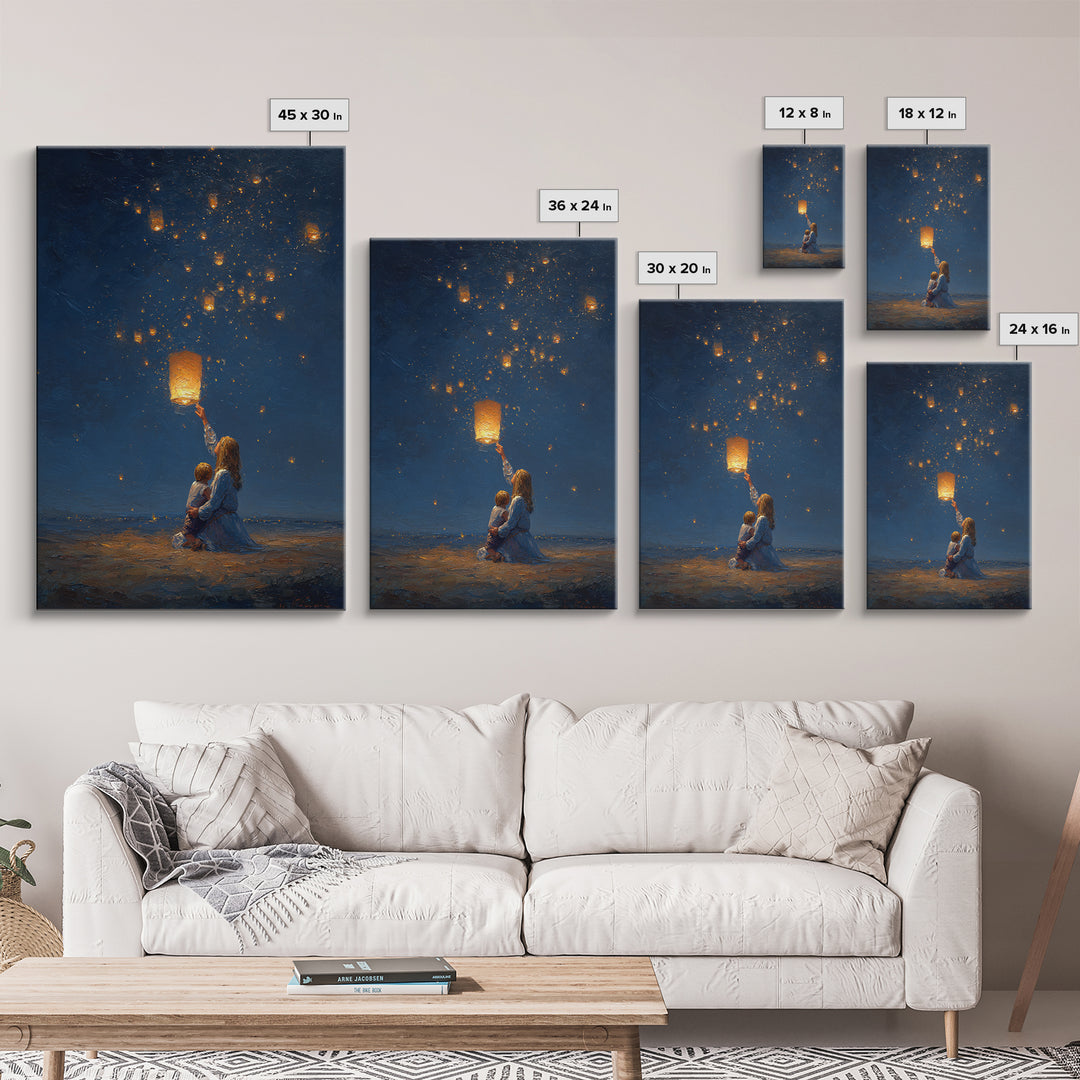 Mother And Child Releasing Sky Lantern Canvas Print, Starry Night Beach Wall Art, Celestial Nursery And Bedroom Decor Gift